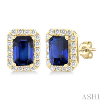 6x4 MM Octagonal Shape Sapphire and 1/4 Ctw Round Cut Diamond Halo Precious Stud Earrings in 10K Yellow Gold